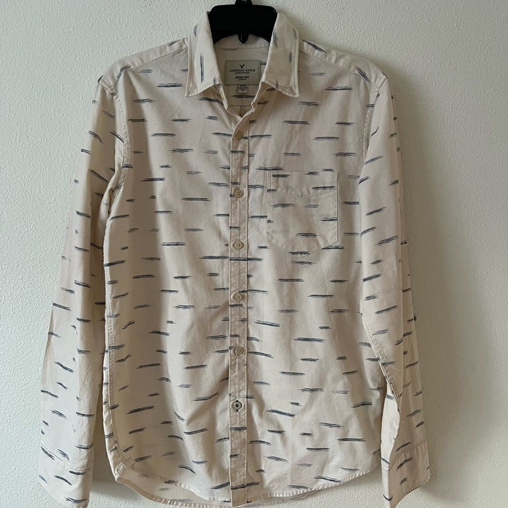 Mens SP American Eagle Casual Shirt Cream Blue Splattered Paint Wacky Boho